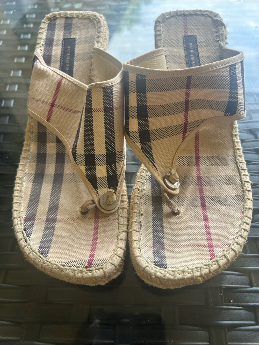 Burberry Tan Plaid Espadrille Toe-Post Sandals